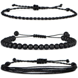 Stocking Stuffers for Teens Boys Gift, 6mm Matte Black Onyx Bracelet Black Beaded Bracelets for Men Women with 2PCS Size Adjustable Rope Bracelets