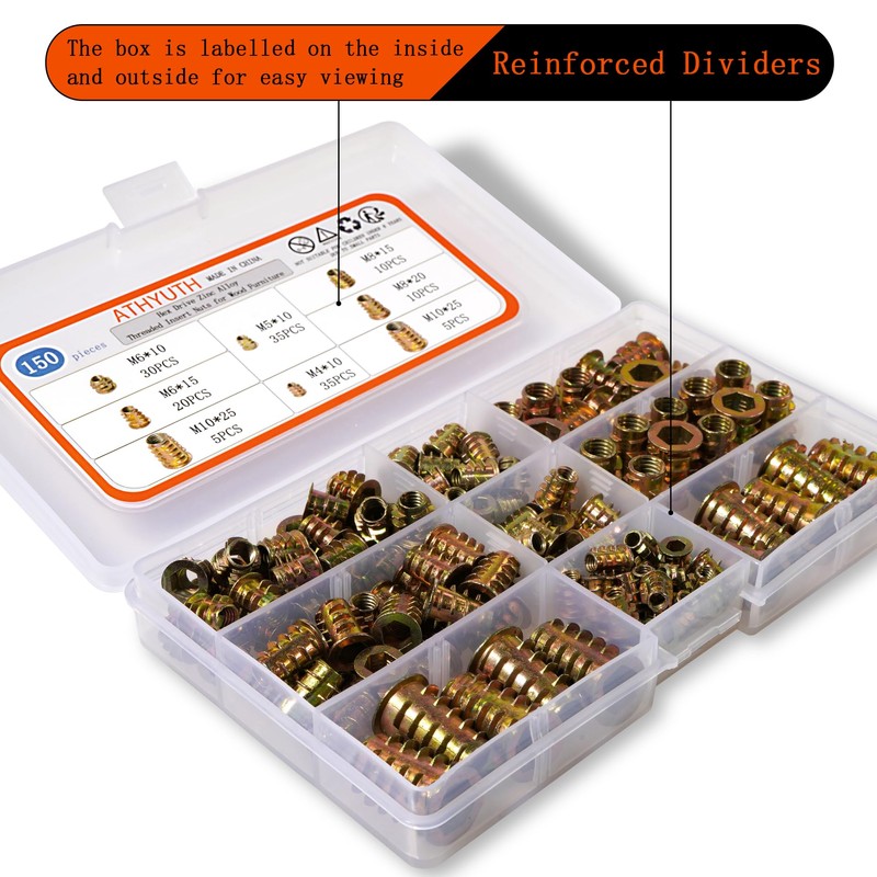 ATHYUTH Threaded Inserts for Wood, 150 Pieces Zinc Alloy Thread