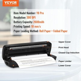 VEVOR Portable Printer - 2600mAh Battery, 203 DPI, Bluetooth Inkless Mobile Printer for A4, A5 & 8.5" x 11" Thermal Paper, Compatible with iOS, Android & Laptop, Ideal for Travel, Office & Home Use:_300 dpi