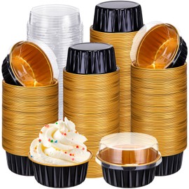 Gejoy 400 Pcs Aluminum Foil Baking Cups 5 oz Disposable Ramekins with Lids Mini Cupcake Liners Creme Brulee Muffin Pans Mold Dessert Tin Container for Christmas Wedding Birthday Party(Black, Gold)