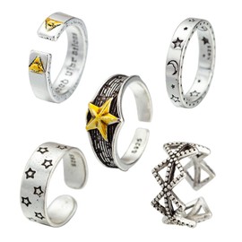 LUCSUL 5 pieces Stainless Steel Adjustable Rings Set Gothic Punk Jewelry Biker Adjustable Vintage Open Rings for Men Women Jewelry Gift