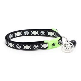 Wicca Cat Collar with Occult Charm & Bell | Witch’s Familiar Cat Collar | Witch Kitten Collar Charms | Glow in The Dark | Safety Breakaway Collar (Large(10lbs & Up), Black)