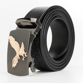 TOUGERJOY Genuine Leather Ratchet Belt with Automatic Buckle, Eagle Print Adjustable Slide Belt - Click Sliding Eagle Buckle