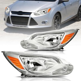 Bingbingmotor Headlight Assembly for 2012 2013 2014 Ford Focus [Factory Halogen Type] OEM Headlamp Replacement, Chrome Housing & Amber Reflector