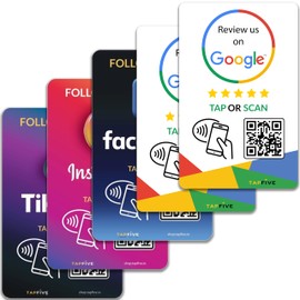 TapFive Google Review Tap Cards + Follow Us on Instagram Facebook TikTok Tap Cards (5-Pack) - Tap for Instant Reviews & Followers - All Phones Compatible - Reusable Tap NFC & QR (5-Pack Social Pack))