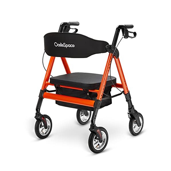 OasisSpace Heavy Duty Rollator Walker - Pneumatic Rollator Walker with Large Padded Seat & Extra Wide Backrest, Bariatric Rollator for Seniors Supports up to 450 lbs