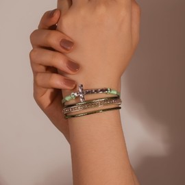 FANCY SHINY Cross Leather Wrap Bracelets Christian Jewelry Religious Baptism Gifts for Women Boho Bead Charm Bracelets with Magnetic Clasp(Green)