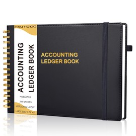 HAUTOCO Hardcover Accounting Ledger Book for Small Business Bookkeeping Horizontal Money Expense Tracker Notebook with 2 Storage Pouch, Personal Columnar Log Journal 10.78 x 8'', Black