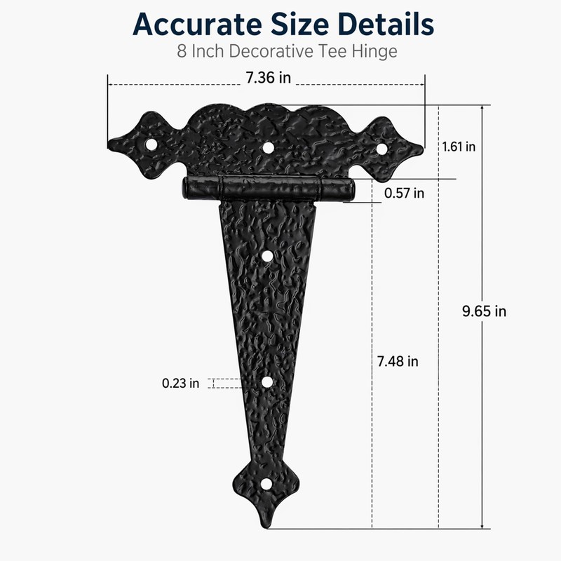 8 Inch Tee Hinges Heavy Duty, 2 Pack Black T-Strap