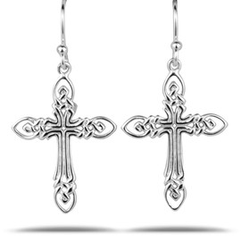 925 Solid Sterling Silver Filigree Cross Earrings for Women - Dangling Christian Allergy Free Jewelry