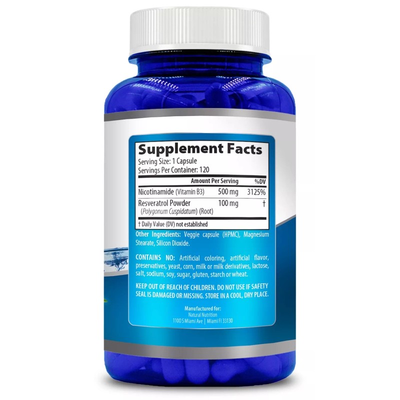 Natural Nicotinamide with Resveratrol 600mg Vitamin B-3 - 120 Veggie