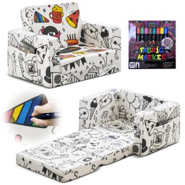 YINIX Graffiti Kids Couch - 2-in-1 Sherpa Kids Sofa - Toddler Couch - Kids Fold Out Sofa with Cute Graffiti Pattern Design for Girls and Boys with 12 Color Markers(Party)
