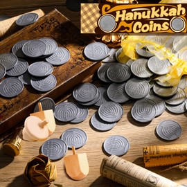 120 monedas de plástico de Hanukkah con bolsa de organza dorada para suministros de fiesta de Hanukkah, juego de caza del tesoro y recuerdos de fiesta (plata)