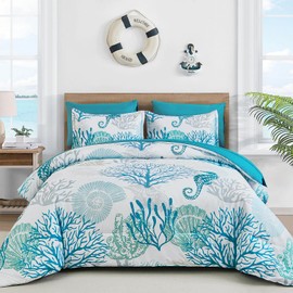 WONGS BEDDING Coastal Comforter Set Queen, Beach Themed Comforter,7 Pieces Ocean Nautical Seaweed & Starfish Bed in a Bag (90"×90")
