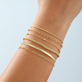 Kyerlyn Gold Bracelets for Women Waterproof, 14K Real Gold Jewelry Sets for Women Trendy Dainty Stackable Link Paperclip Chain Bracelet