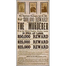 VINTAGEREPRO Civil War Lincoln Assassination Poster Print John Wilkes Booth Murderer Wanted Poster 11" x 21" on Premium Paper!