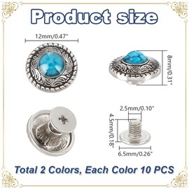 AHANDMAKER 20 Sets Buttons For Leather, 2 Colours Alloy Engraving Decorative Buttons, Metal Back Button With Screw Closure, Retro Leather Screw Rivets, Imitation Turquoise Buttons