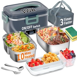 Electric Heated Lunch Box - 100W 3-IN-1 Fast Heating Lunch Boxes Portable for Adults with 2 Pack Containers (Single & Compartment) , Leak-Proof Compartment Lid for Car Truck Office (3 Times Faster)