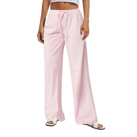 DLAYBGFA Women's Drawstring Pajama Pants Striped Casual Palazzo Wide Leg Lounge Pants Comfy Sleepwear Trousers Pants(Pink Striped,S)