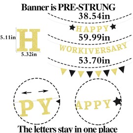 AROKIPPRY Work Anniversary Decorations,Pre-Strung gold Glitter Happy Workiversary Banner,Work Office Party Decoration,Happy Work Anniversary Party Decoration Supplies