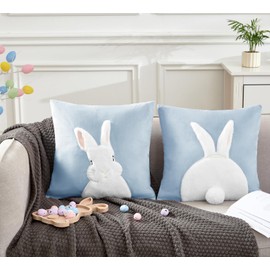 BirdNest Easter Decorative Throw Pillow Covers 18x18,Spring Rabbit Bunny Cushion Cover with 3D Embroidered Cushion Case Velvet Decorative Pillowcase Spring Easter Decor,Set of 2 (Sky Blue)