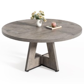 LITTLE TREE Round Dining Table for 4-6 People, 47 Inches Dining Room Table with Wooden Pedestal Base, Grey Dinner Table, Circle Kitchen Table for Dining Room, Kitchen, Living Room(Table Only)