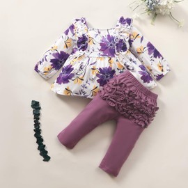 Infant Baby Girl Ruffle Outfits Floral Sleeve Square Collar Pullover Top Dress + Solid Color Pants 2 Pcs (Purple, 4-5 Years)