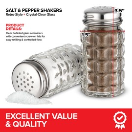 1.5 oz Retro Salt and Pepper Shakers, Small Retro-style, Crystal-Clear Glass Salt and Pepper Shakers Set For Home Kitchens or Restaurants