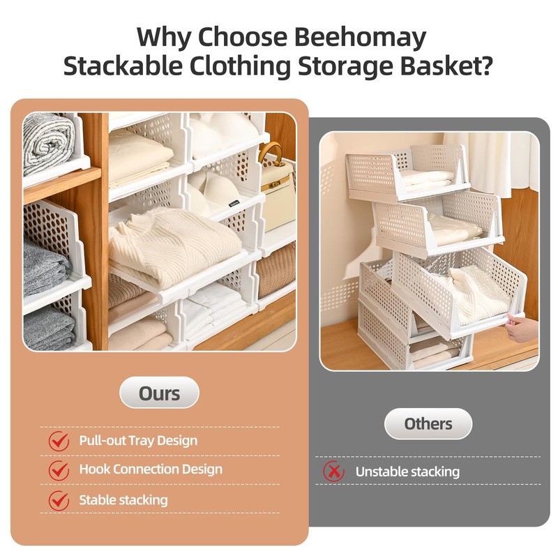 Pull-out Plastic Storage Basket,Stackable Closet Organizers Drawer Anti-Tipping, Reinforced Stable