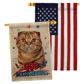 Patriotic Scottish Fold Burlap House Flags Pack Animals Cat Kitten Meow Spoiled Paw Fur Pet Nature Farm Animal Creature USA Embroidery Small Decorative Gift Yard Banner Double-Sided Made In 28 X 40