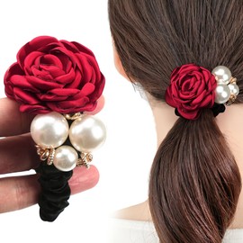Lotterakka Hair Accessories, Flower Pattern, Pearl, Scrunchy, Large, See-Through, Adult, Stylish (Red)