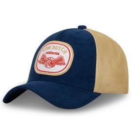 Von Dutch Corduroy Adjustable Trucker Cap for Men and Women, dark blue / yellow