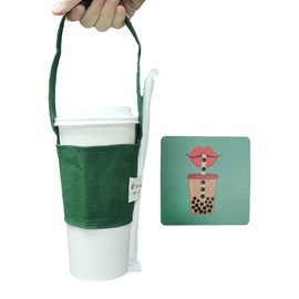 Portable Beverage Cup Foldable Holder Carrier (2 PCs Set), Tainada Reusable Drink Sleeve Handle Carry Strap for Coffee, Bubble Tea, Hot & Cold Drink with Integrated Straw Holder (Dark Green)