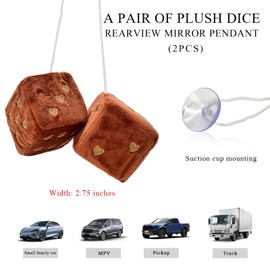 Gasedin 1 Pair Fuzzy Plush Dice for Car Mirror, 3'' Retro Square Dice with Heart-Shape, Plush Retro Dice Hanging Ornament, Universal Interior Hanging Dice Decor for Men Women (Coffee)