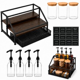Coffee Bar Syrup Dispenser Set, 4 Pack 16.9oz/500ml Glass Syrup Dispensers with 1/4 oz Pumps & Stand, 2-Tier Coffee Bar Organizer Rack with 3 Storage Jars, 36 Labels, Brushes & Funnel
