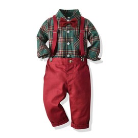 QURYPOMO Boys Christmas Suit Toddler Gentleman Outfits Long Sleeve Bow Tie Shirts Suspenders Pants Xmas Clothes for Kids 1-2 Years
