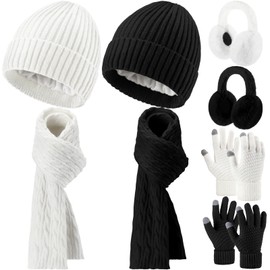 Suhine 8 Pcs Winter Beanie Hat Scarf Gloves Ear Warmer set Warm Fleece Knit Hat Touch Screen Gloves Earmuff for Women men(Black, White,Classic Style)