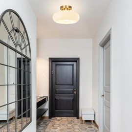 Joylen Gold Semi Flush Mount Ceiling Light,11inch Mid Century Modern Light Fixture,Hallway Lighting Fixture with Milk White Glass Shade,Vintage Ceiling Lamp for Kitchen,Porch,Entryway,Closet,Bedroom