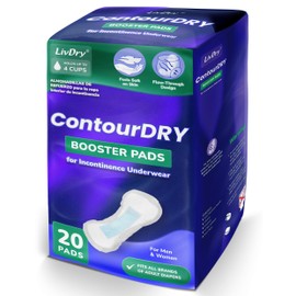 ContourDry Incontinence Booster Pads by LivDry, Comfort Fit, Add Up to 4 Cups Absorbency to Adult Diapers, Flow-Through Design, Soft Cloth-Like Material Feels Dry, 20 Count