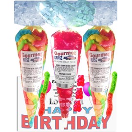 Love You Happy Birthday Series Bright Sour Worms And Red Wild Cherry Gummi Gummy Bears (NET WT 31 OZ) (Pack of 3) In 1 Box Gourmet Kruise Signature Gift Bags