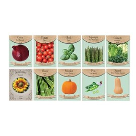 Vegetable, Flower, and Herb Seed Set - 10 Varieties of Non-GMO and Heirloom Premium Seeds for Planting - Asparagus, Sunflower, Basil, and More!
