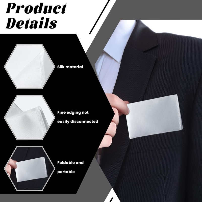 White Pocket Squares for Men, 4.3" White Satin Silk Handkerchief,