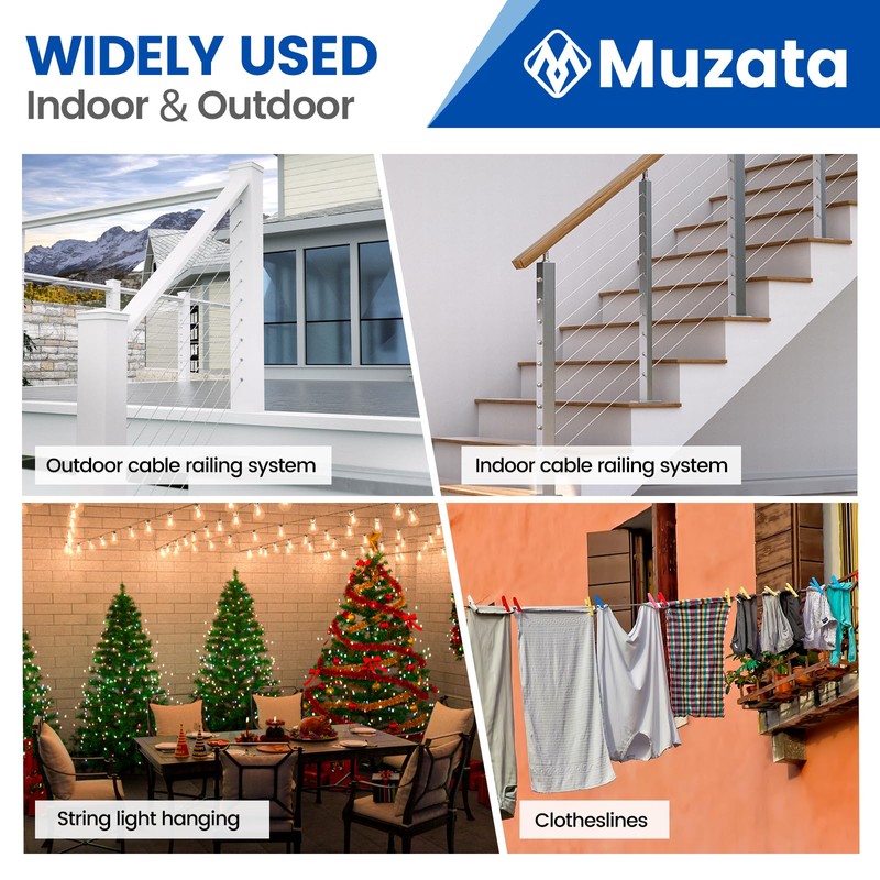 Muzata 200 ft 1/8" Stainless Steel Cable Railing System Hardware