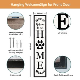 Welcome To Our Home Sign For Front Porch Standing 45"X9" Large Rustic Farmhouse Outdoor Tall Wood Framed Vertical Paw Print Welcome Signs Modern Outside Front Door Wall Decor (Black)