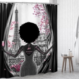 Omifly Black Girl Shower Curtain 60Wx72H Inch African American Woman Pink Flowers Paris Eiffel Tower Cherry Blossom Modern Romantic with 12 Plastic Hooks Fabric Waterproof Toilet Accessories Decor