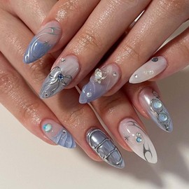 DANMANR Blue Fake Nails Medium Press on Almond Nails Butterfly Full Cover Acrylic Gradient Fake Nails for Women and Girls 24PCS