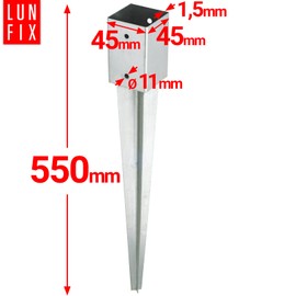 Einschlag-Bodenhülse 45x45mm Höhe 550mm Wandstärke 1.5mm aus Stahl feuerverzinkt inkl. 6 Schrauben 8x40 mm Torx T30 für Pfostenträger, Zaunbau, Garten, Pergola