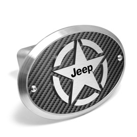 iPick Image for Jeep Willys Star Logo in 3D on Carbon Fiber Look Oval Brushed Silver Billet Aluminum 2-inch Tow Hitch Cover