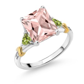 Gem Stone King 925 Silver and 10K Yellow Gold Peach Nano Morganite and Green Peridot and Diamond Engagement Ring For Women (3.58 Cttw, Emerald Cut 10X8MM, Trillion 3.5MM) (Size 6)
