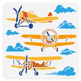DOODLREAM 30 x 30cm Retro Airplane and Clouds Wall Stencil Templates, Retro Aircraft Reusable Plastic Stencils for Painting on Wood Floor Tile Fabric Glass Furniture, DIY Home Decor Template